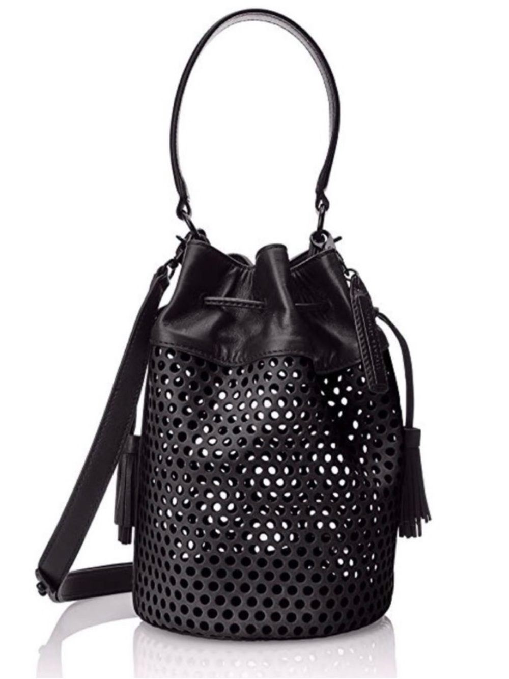 Loeffler Randall Industry Black Leather Perforated Drawstring Bucket Bag - Picture 1 of 12